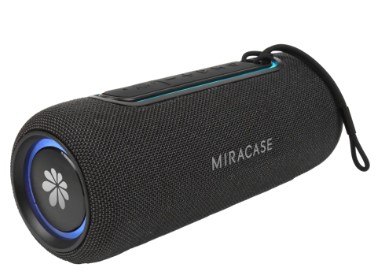 רמקול נייד Miracase MTWS400 – שחור בעל מיתוג Miracase ועיטור כחול מוצג על רקע לבן Bluetooth