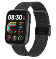 שעון חכם צבע שחור FitPro S4 – שעון חכם שחור עם רצועת רשת מציג נתוני זמן ופעילות על מסך צבעוני