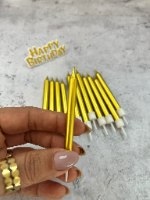12 נרות מטאלי זהב+ לוחית HAPPY BIRTHDAY מיני