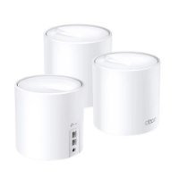 מגדיל טווח יחידות Tp-Link Deco X60 AX5400 Mesh Wi-Fi 6 3 – יחידות גליליות לבנות על רקע לבן כולל יחידה עם חיבורי רשת עם 4K