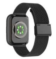 שעון חכם צבע שחור FitPro S4 – שם המוצר המלא גב השעון נראה עם חיישן דופק מואר בירוק ורצועת רשת שחורה