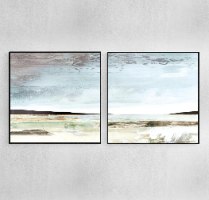"שלווה" סט זוג תמונות קנבס מרובעות - הדפס ציור מקור של נוף אבסטרקטי בגוונים עדינים של תכלת וירוק