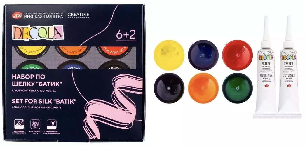 סט צבעי אקריל דקולה לטקסטיל 6 * 50 מ"ל + 2 ליינרים