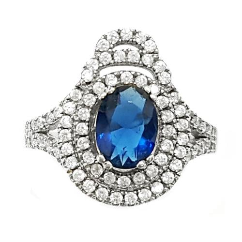 טבעת כסף משובצת אבן זרקון כחולה וזרקונים קטנים RG5652 | תכשיטי כסף 925 | טבעות כסף