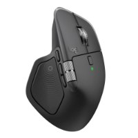 עכבר אלחוטי צבע שחור Logitech MX Master 4 For Mac – פריט בודד המציג גלגלי גלילה כפתורים צדדיים ונורית חיווי ירוקה עם USB