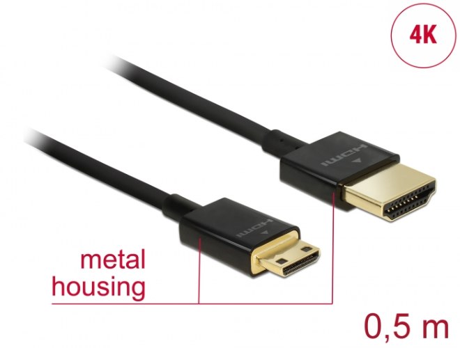 כבל מסך Delock Slim Cable High Speed HDMI Ethernet HDMI To Mini HDMI 3D 4K 0.5 m