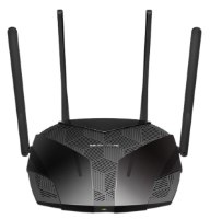 ראוטר Mercusys AX3000 Dual-Band WiFi 6 MR80X – ראוטר שחור עם ארבע אנטנות בעיצוב גיאומטרי