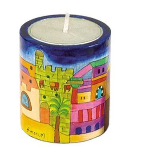 מחזיק לנר נשמה מעץ בציור עבודת יד + נר - ירושלים