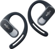 אוזניות אלחוטיות צבע שחור Shokz OpenFit Air – שתי אוזניות שחורות אלחוטיות עם קשתות אוזן מונחות באלכסון על רקע לבן