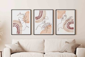 סט שלושה הדפסי קנבס איור בצבעי מים Line Art "פני הפרח" | תמונות לבית | סט תמונות מיוחדות
