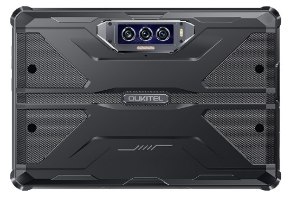 טאבלט קשיח Oukitel RT7 256GB 12GB RAM 5G – הטאבלט השחור מצולם מאחור מציג יחידת מצלמה משולשת בולטת בחלקו העליון