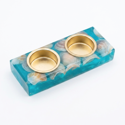 Blue Shabbat candlesticks with seashells