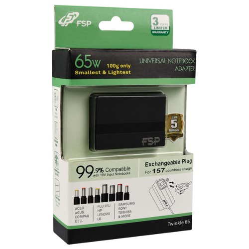 מתאם טעינה אוניברסלי למחשב נייד קומפקטי FSP Notebook Universal Adapter 65W Twinkle אפ אס פי