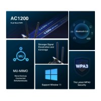 כרטיס רשת אלחוטי Mercusys MA30E AC1200 Bluetooth Pcie – אינפוגרפיקה כחולה המפרטת תכונות Wi-Fi ובלוטות 5 0