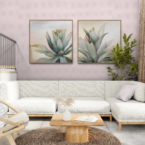 "Pink Agave" סט זוג תמונות הדפס ציור של צמח האגבה על קנבס בפורמט מרובע בגווני זהב, אפור, ירוק וורוד