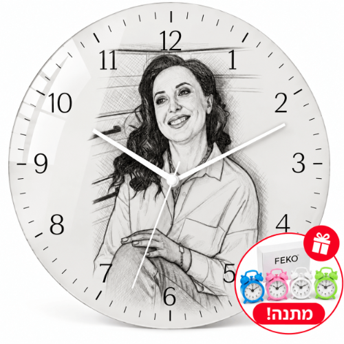 שעון קיר עגול ציור שחור לבן