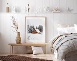 תמונת קנבס הדפס של בקתת עץ  "Log Cabin" |בודדת או לשילוב בקיר גלריה | תמונות לבית ולמשרד