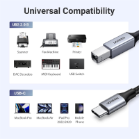 כבל מדפסת UGREEN USB B to USB C 2M Printer Cable, DJ Controller