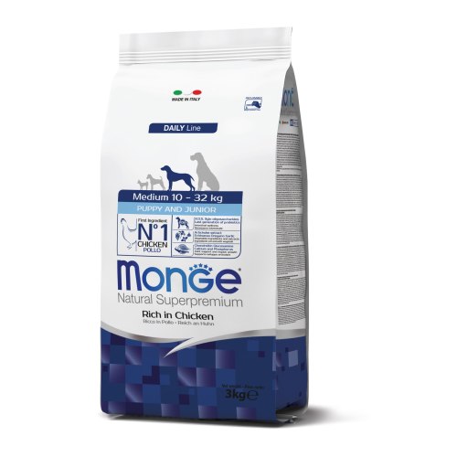 מונג גורים לכלב מגזע בינוני עוף ואורז 3 קג -MONGE MEDIUM PUPPY AND JUNIOR CHICKEN AND RICE