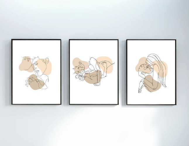"Romantic Line" סט שלוש תמונות לחדר השינה - הדפס רומנטי מינימליסטי בסגנון "ליין ארט" עם נגיעות צבע