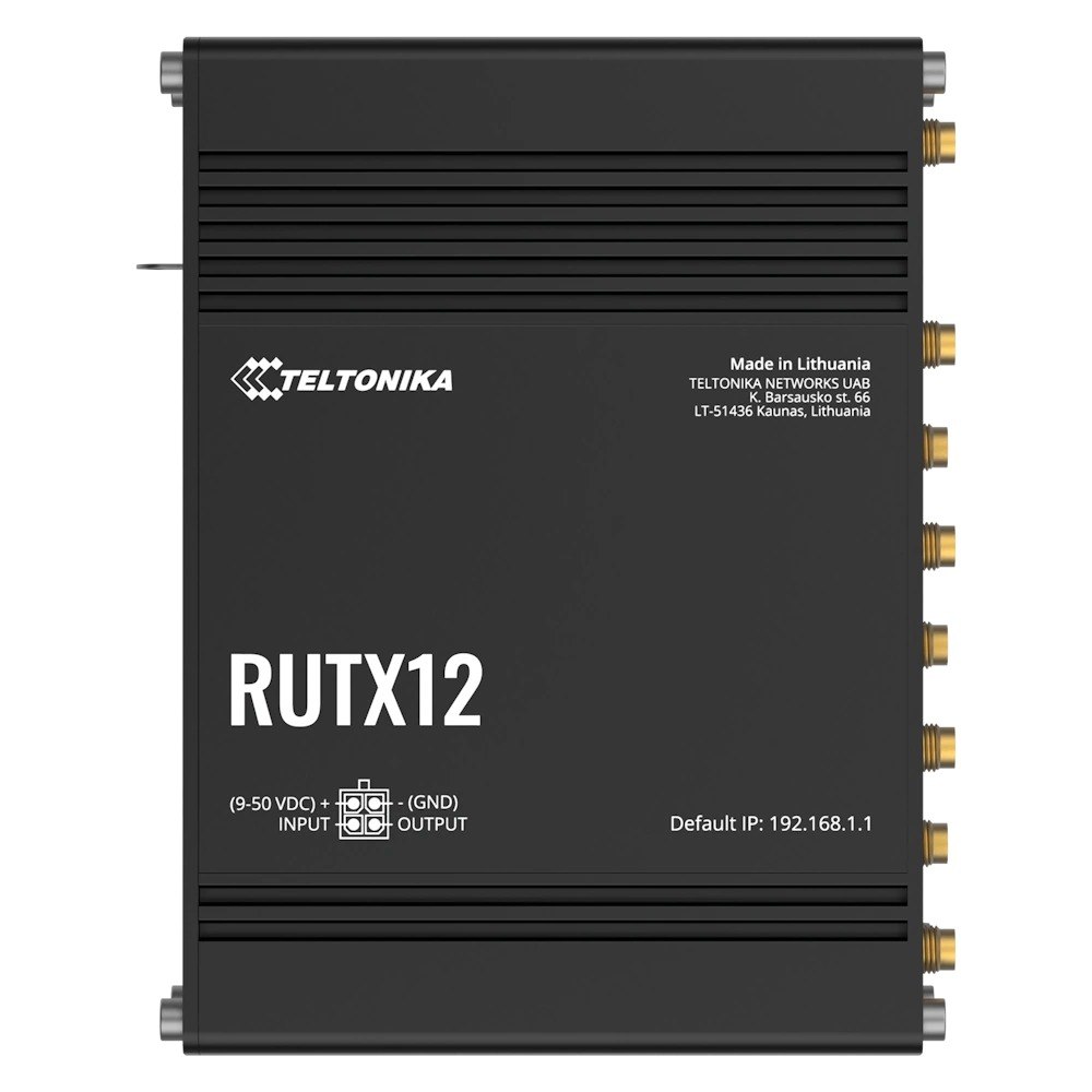 נתב סלולרי תעשייתי Teltonika RUTX12 – Bluetooth מכשיר שחור עם לוגו Teltonika וכיתוב RUTX12 מציג חיבורי אנטנה ופרטי יצרן