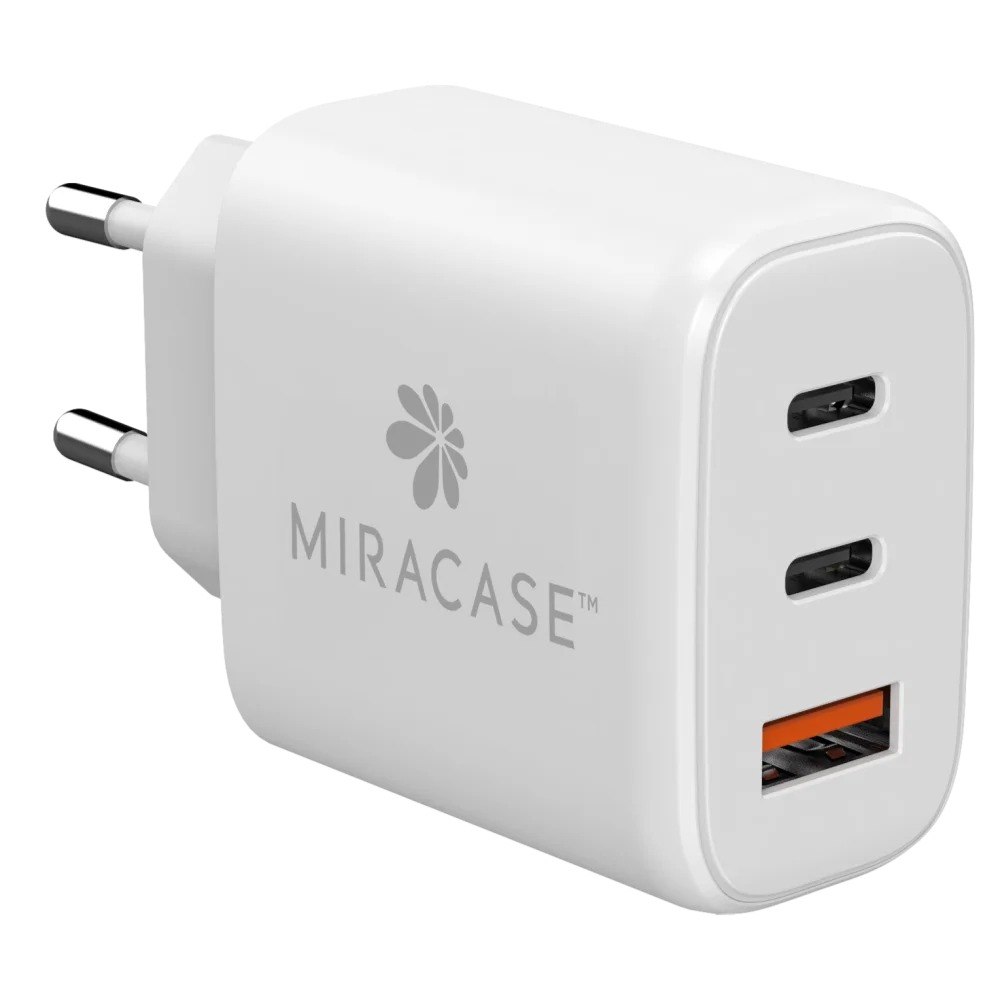מטען קיר צבע לבן כולל כבל Miracase MWCM65PD – מטען קיר לבן עם שני חיבורי USB-C ו-USB A