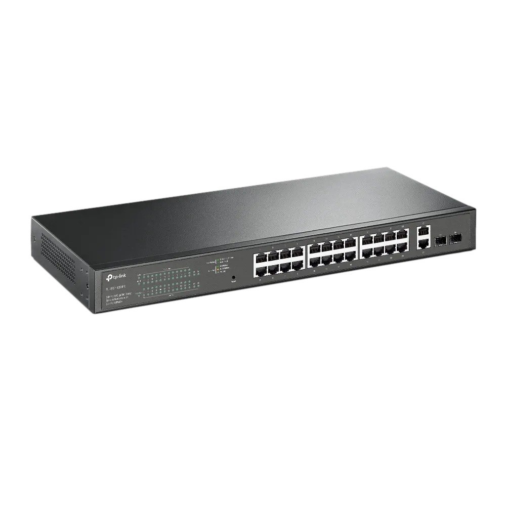 מתג Tp-Link TL-SG1428PE 24XPOE+ 250W 2SFP – אלחוטי מתג רשת שחור המוצג בזווית עם פאנל קדמי הכולל יציאות רבות