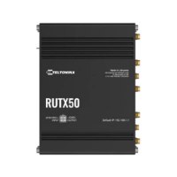 נתב סלולרי תעשייתי Teltonika RUTX50 5G – Wi-Fi נתב תעשייתי שחור עם לוגו Teltonika דגם RUTX50 ומחברים מימין
