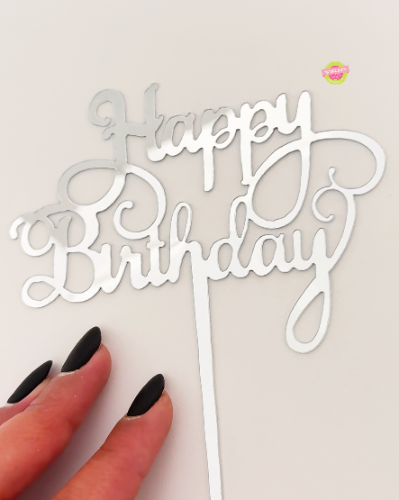 טופר לעוגה Happy Birthday כסוף מעוטר