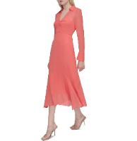 DKNY Women's Dress Sz 12 Collared V-Neck Long-Sleeve Chiffon Pink