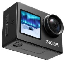 מצלמת אקסטרים SJCAM SJ4000 Dual Screen – מצלמה שחורה מוצגת בזווית עם מסך קדמי מואר עם 4K