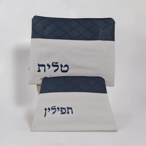 כיסויי טלית תפילין דמוי עור חדשים - לבן/כחול כהה