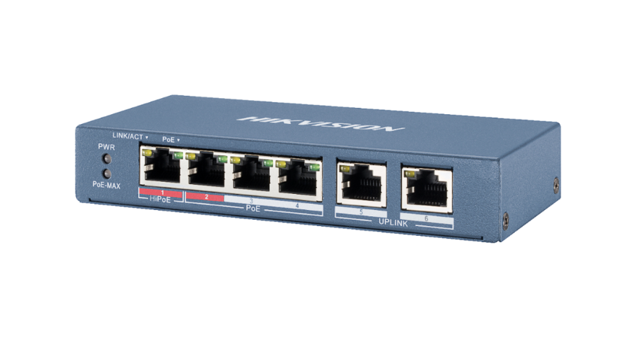 מתג לא מנוהל 4 + 2 פורטים Hikvision 4 Port Fast Ethernet Unmanaged POE Switch DS-3E0106HP-E