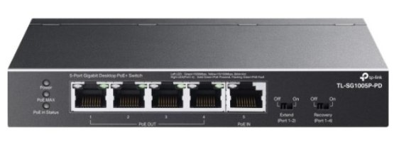 מתג שולחני TP-Link 5-Port Gigabit with 4-Port PoE+ TL-SG1005P-PD – מבט קדמי על 5 פורטים ופקדים