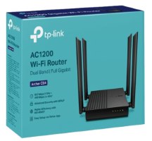 ראוטר TP-Link AC1200 Dual Band Wi-Fi Archer C64 – אריזת המוצר בצבע טורקיז המציגה את הראוטר השחור