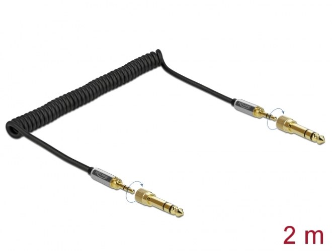 כבל אודיו מסולסל Delock Coiled Stereo Jack Cable 3.5 mm 3 pin with screw adapter 6.35 mm 2 m