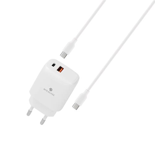 סט מטען MIRACASE Type-C To Type-C 18W+20W 1.2M לבן