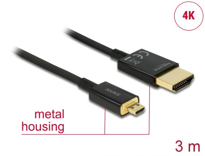 כבל מסך אקטיבי Delock Active Slim Cable High Speed Ethernet HDMI To Micro HDMI 3D 4K 3 m