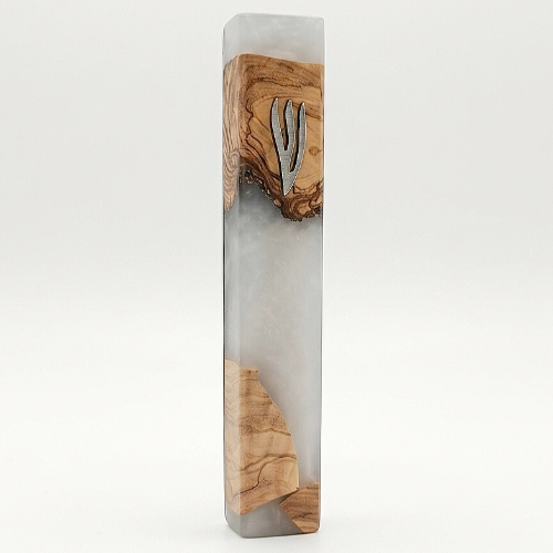 Olive Wood & White Epoxy Mezuzah (15cm)