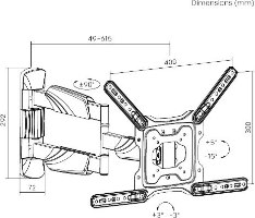 מתקן תליה דו מפרקי למסכים 23"-65" Lumi LPA50-443AL – שרטוט טכני של המתקן עם מידות וזוויות תנועה