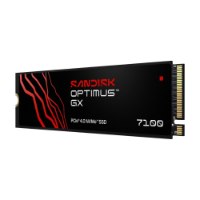 כונן SSD פנימי SanDisk Optimus GX 7100 NVMe 1TB – כונן שחור עם כיתוב SanDisk אדום וקווים אדומים מונח על רקע לבן