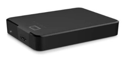 כונן קשיח חיצוני Western Digital Elements Portable 6TB – כונן שחור מלבני בודד עם חיבור USB ונורית חיווי מוצג באלכסון
