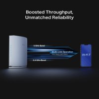 ראוטר TP-Link BE7200 WiFi 7 Dual-Band Archer BE450 – אינפוגרפיקה המציגה נתב לבן וחיבור 5GHz ו-2 4GHz בטכנולוגיית MLO לטלפון
