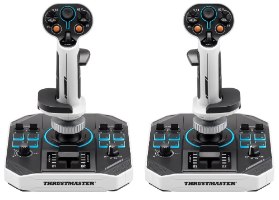 זוג בקרי טיסה Thrustmaster Sol-R 2 HOSAS Space Sim Duo PC – USB-C שני בקרי טיסה שחורים ולבנים עם כפתורים כתומים