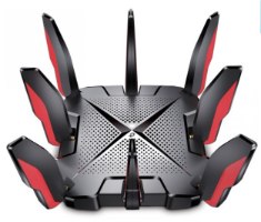 ראוטר גיימינג TP-Link AX6600 Tri-Band Wi-Fi 6 Archer GX90 – ראוטר שחור-אדום עם 8 אנטנות פרושות.