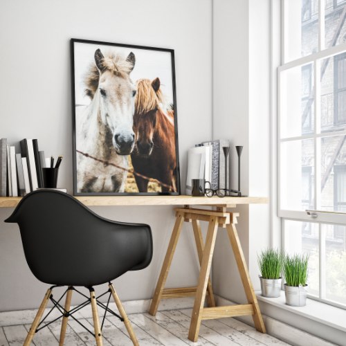 תמונה של סוסים יפיפיים מודפס על קנבס איכותי מתוח על מסגרת עץ + מסגרת דקורטיבית ללא עלות| "זוג סוסים"