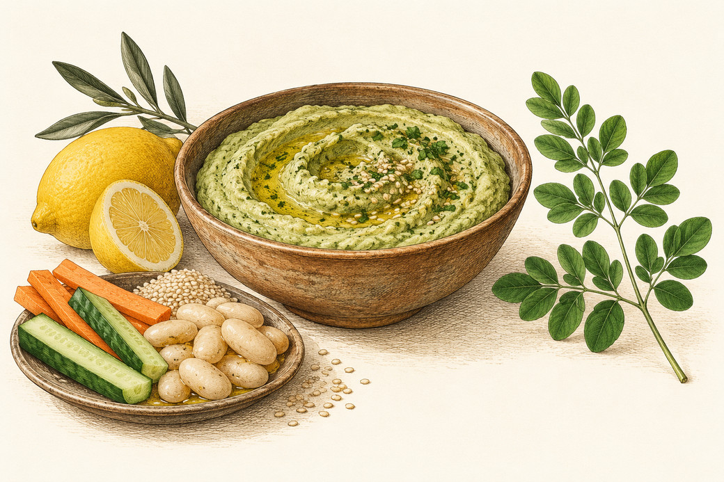 ממרח שעועית לבנה, מורינגה וטחינה לצד לימון וירקות