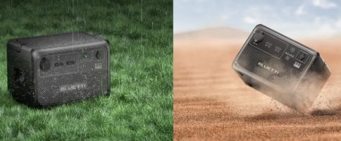 סוללת הרחבה Bluetti B80P 806Wh – הסוללה השחורה עמידה בפני גשם על דשא ובפני אבק בחול