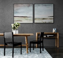 "שלווה" סט זוג תמונות קנבס מרובעות - הדפס ציור מקור של נוף אבסטרקטי בגוונים עדינים של תכלת וירוק