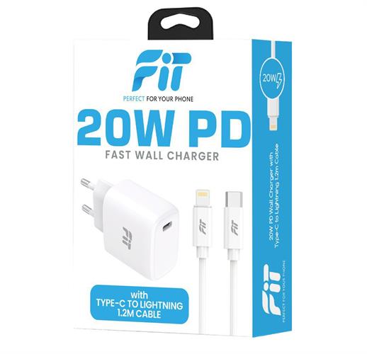 מטען קיר PD 20W עם כבל טייפ-סי ל-Lightning - חברת FiT באריזה מהודרת